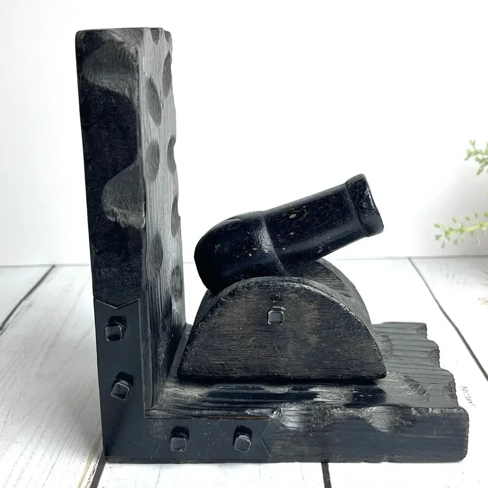 Wood & Metal Rustic Carved Cannon 1 Bookend Black Castle Spanish Nautical Pirate